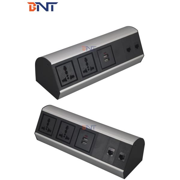 High Quality 6.56 Ft Cord 2 Universal Power and 2 USB-A and 2 CAT6 Silver Clip On Desktop Switched Clip Desk Clip Socket