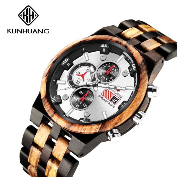 Man White Dial  Stripes Wooden Quartz Watch Business Wristwatch Water Proof 1020-1