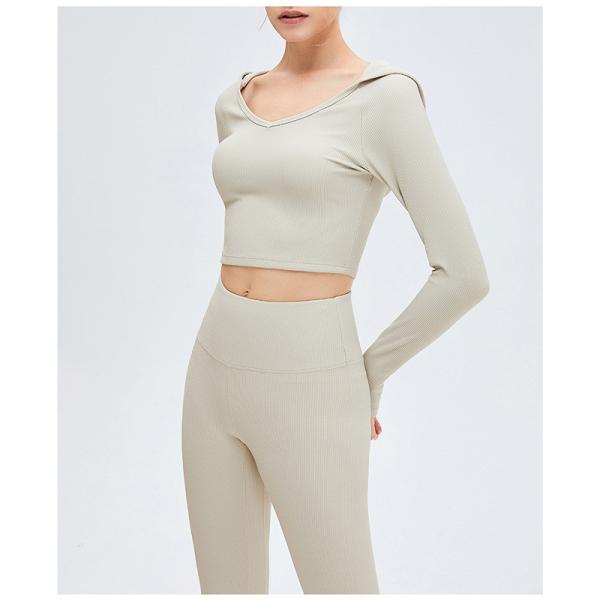 High Waist Ribbed Yoga Clothes Women Long Sleeve Hooded Crop Top Set