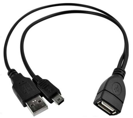 USB 2.0 A Female to Mini B male OTG Cable with A male power splitter cable