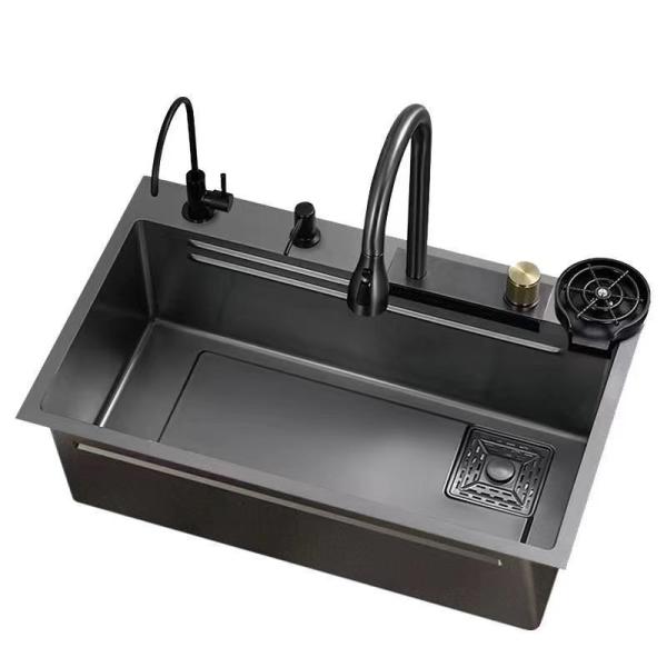 Retangular Basin All in One Kitchen Sink With Pull Down Faucet Waterfall Kitchen Drain