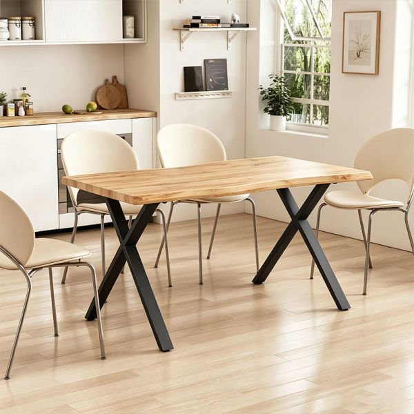 Minimalist Style Rectangle Live Edge Dining Table Metal Base Dining Room Furniture Wooden Modern Dining Table Set 6 Seater
