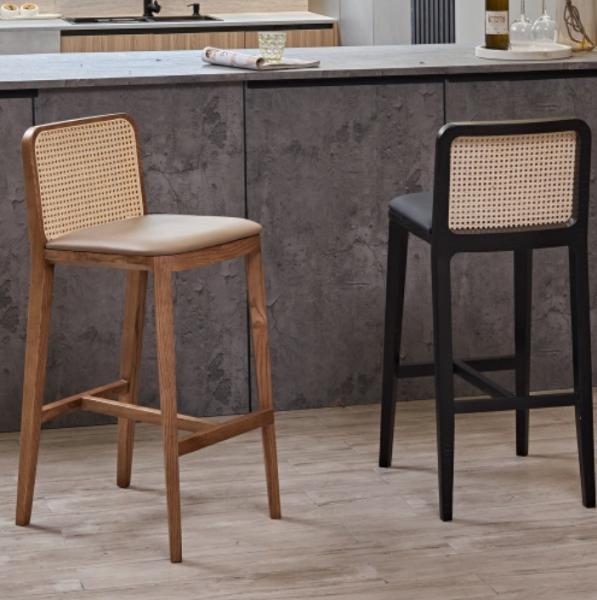 PU/Fabric Sponge Seat Nordic Upholstered Bar Stool Wood Chair Rattan Chair for Modern Bar