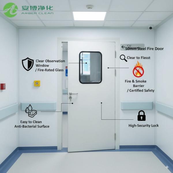 Portes anti-incendie en acier de 50 mm pour les hôpitaux avec fenêtre d'observation Portes anti-incendie pour hôpitaux
