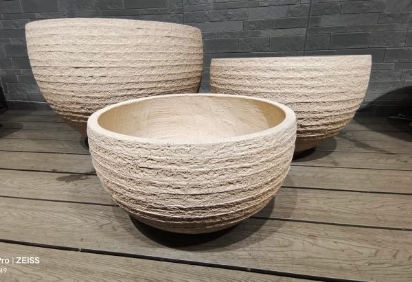 Round Fiber Clay Planter Natural Rustic Style Light Beige Striped Layered Effect
