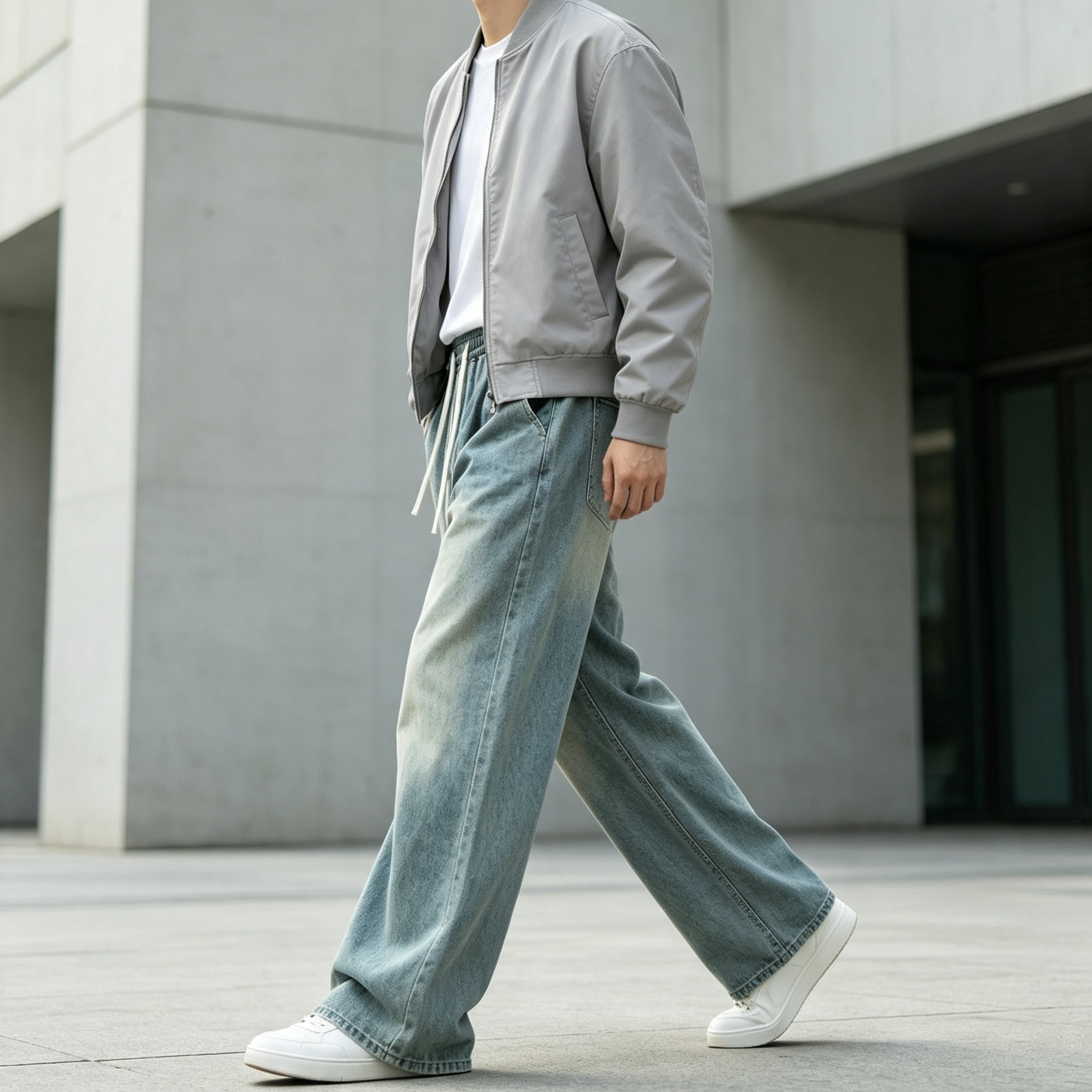 Lightweight Washed Denim Pants Wide Leg Denim Jeans Elastic Drawstring
