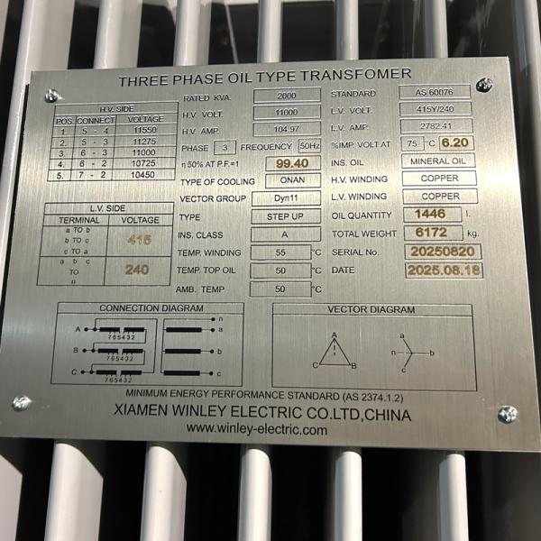 Transformateur de distribution électrique triphasé 2000 kVA, immergé dans l'huile, 11 kV / 415 V, conforme à la norme AS60076