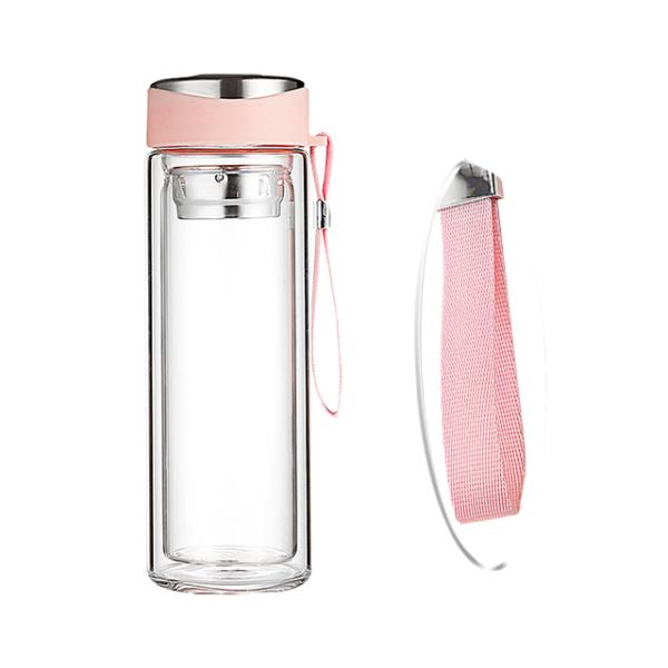 320ML Double Walled Glass Water Bottle with Infuser in Pink Customized Logo Acceptable