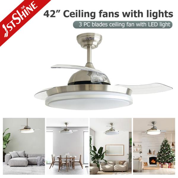 Ventilador de teto LED de níquel de cetim de 42 polegadas com lâminas dobráveis e fonte de luz retrátil