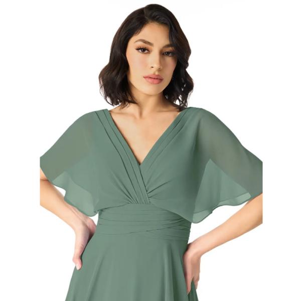 Vintage Elegant A-Line V-Neck Pleated Chiffon Floor-Length Bridesmaid Dress V-back Short Sleeves Pleated