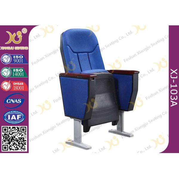 Soild Wood Armrest Blue Fabric Conference Hall Chairs With Aluminum Feet