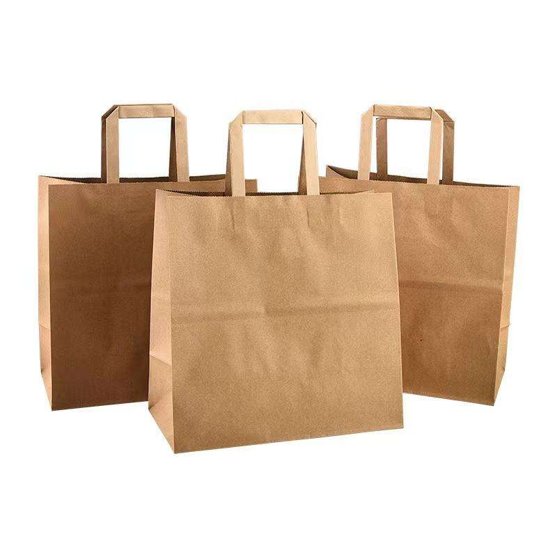 Customized Biodegradable Kraft Hot Stamping Logo Printing Bakery Packaging Takeout Paper Bag with Flat Handles