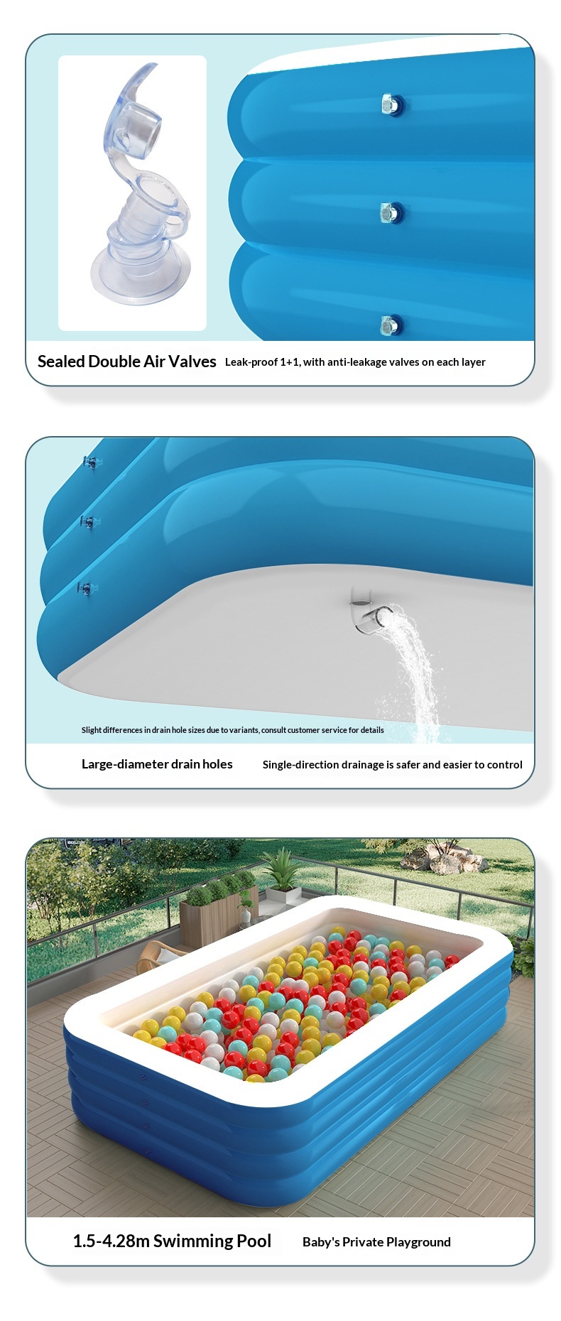 Inflatable Swimming Pool Factory Wholesale New Blue White 3-Meter 3-Layer Rectangular PVC Adults Children Infants Home Use