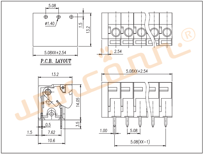 3.5mm Pitch PA66 Housing PCB Spring Terminal Blocks 4 Pin