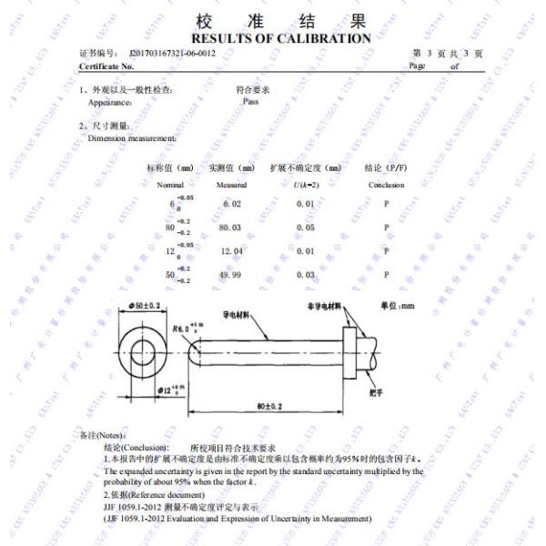 Certificado largo de la punta de prueba CNAS del finger de la prueba para la seguridad del producto de las telecomunicaciones