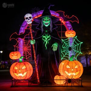 Custom Evil Witch Halloween Lantern Set, Large‑Size LED Witch Figure Lantern with Pumpkin Bat Spider Web for Festival Display