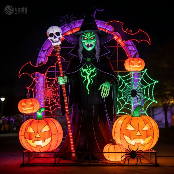 Custom Evil Witch Halloween Lantern Set, Large‑Size LED Witch Figure Lantern with Pumpkin Bat Spider Web for Festival Display