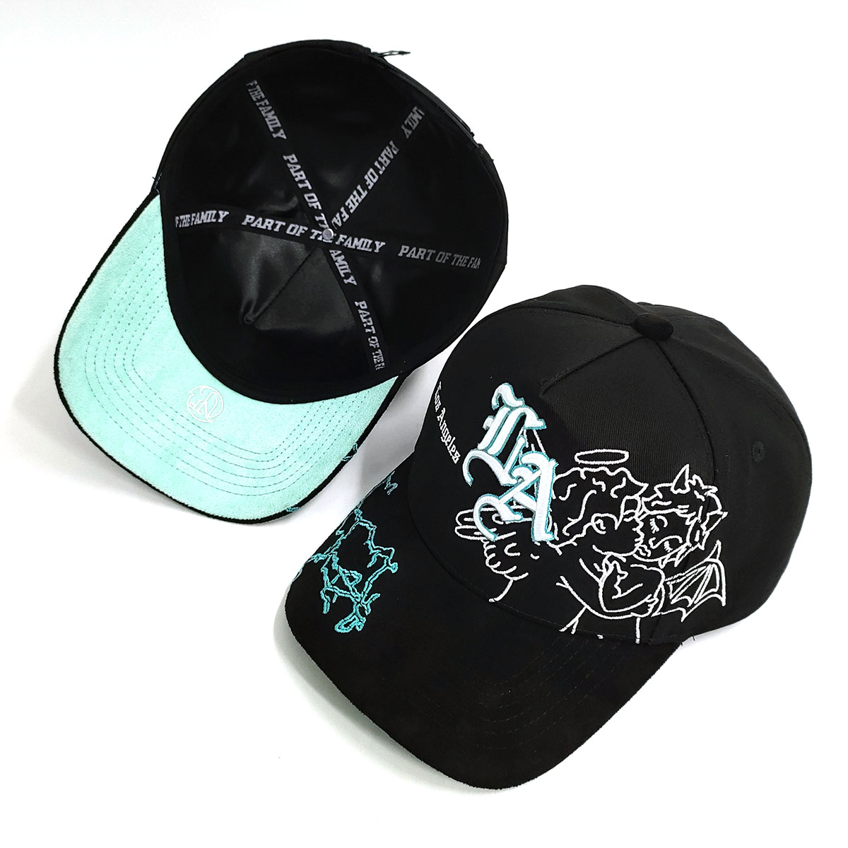 3D Embroider Logos Brim Baseball Caps Cotton And Suede Custom Interior Tape 5 Panels Back Tag Full Black