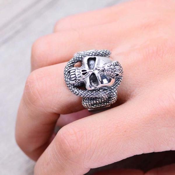 Mens Retro Vintage Sterling Silver Ring Engraved Skull and Snake Design(024572)