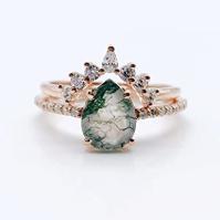 Anillo de oro en forma de pera de las mujeres naturales de Moss Agate Ring Set For para las mujeres