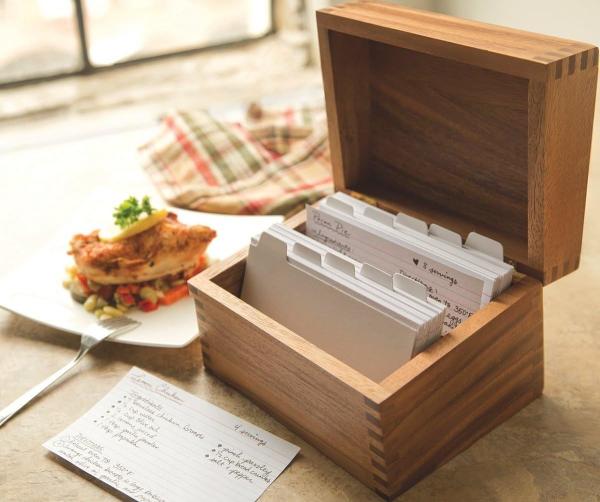 Wooden Kitchen Box Acacia Wood Recipe Box with Divider Tabs