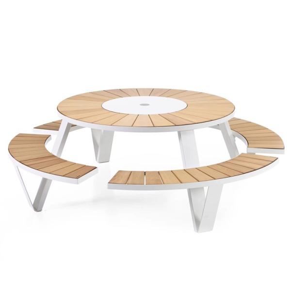 Modern Design Durable Metal Frame Wood Top Round Table And Chairs Wooden Picnic Table Bench