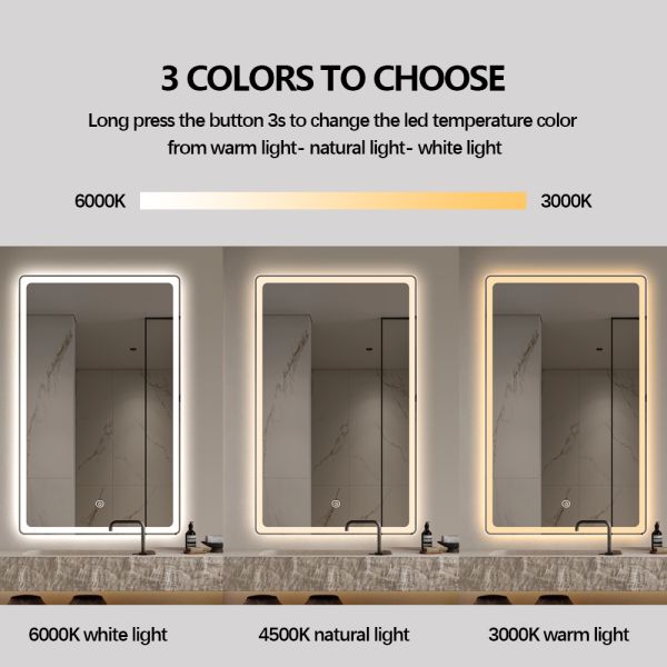 Shatterproof Bathroom Mirror With LED Light , Dimming Defogger Bathroom Mirror