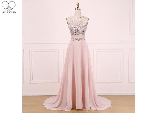 Sweep Train A Line Ball Gown , Beaded Chiffon Blush Pink Prom Dress Sleeveless
