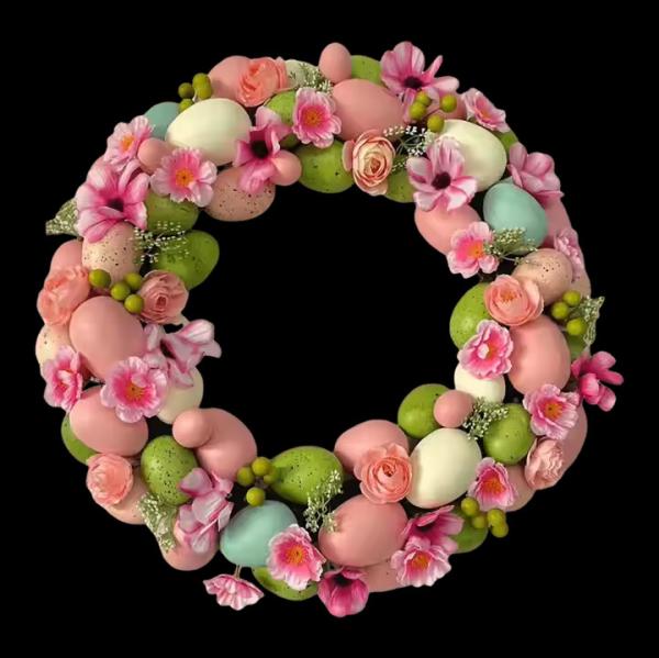 Senmasine Egg Easter Wreath for Front Door Hanging Spring Decor Mixed Colorful Plastic Eggs Artificial Leaves Flowers Wreaths