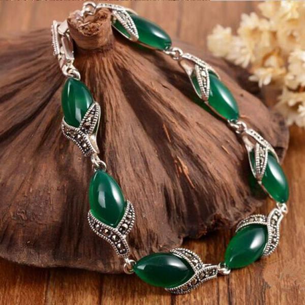 925 Silver Thailand Vintage  Green Agate Women Bracelet (LB001)
