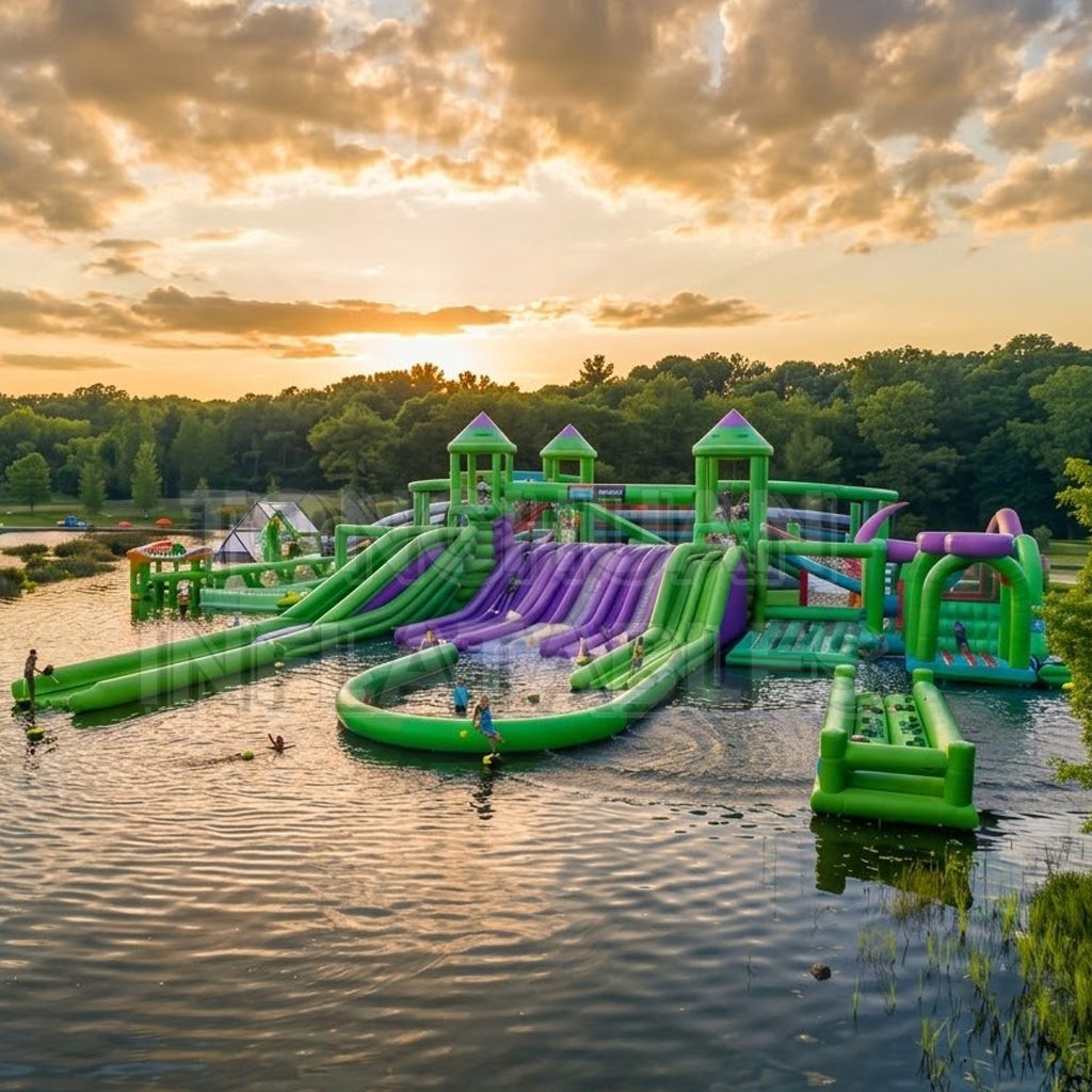 Custom Large Floating Inflatable Water Park with Multi Lane Slides Towers Obstacles and Aqua Playground Modules for Resorts Lakes Camps and Rental Operations
