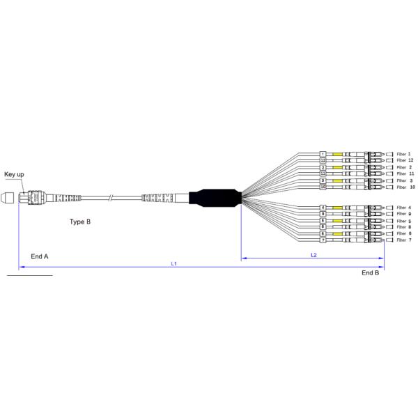 MPO LC Standard Harness Cable Assembly 12 Cores MPO Female To 6 LC Duplex