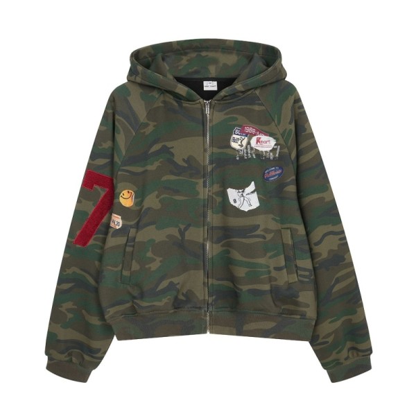 Custom Camo Patch Vintage Streetwear Zip Up Sweatshirt Hoodie For Men