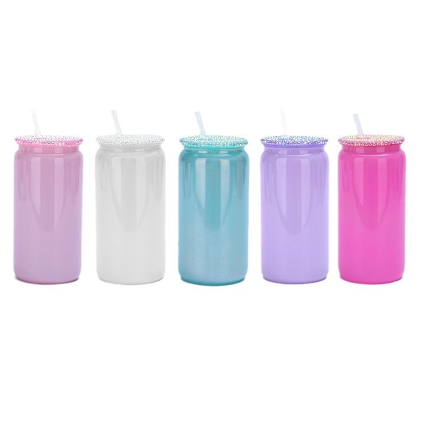 Stylish 16oz Sublimation Glass Cup With Diamond Lid And Straw Frosted Mason Jar Sublimation Coke Can