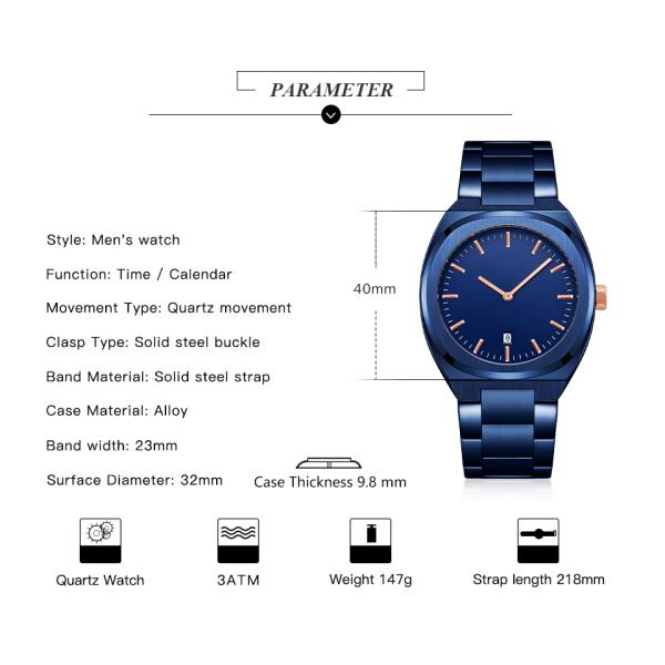 3Bar Waterproof Stainless Steel Back Base Metal Bezel Japan Movt Watch