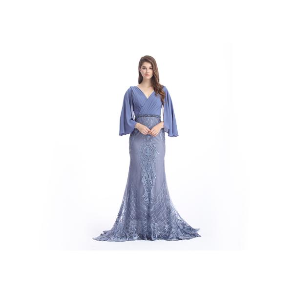 Fashion Ladies Half Sleeve Evening Dresses Mermaid Sleeves Applique Dress