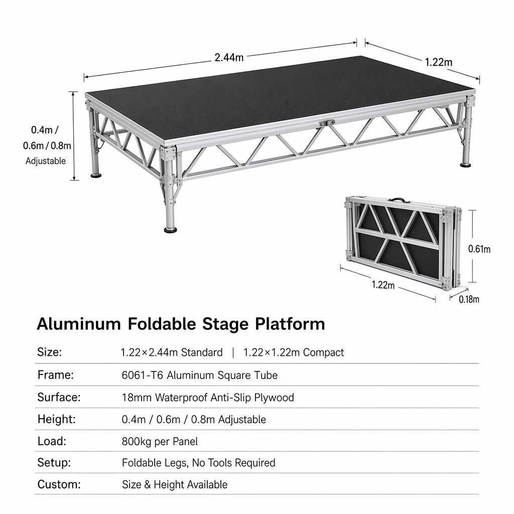 Aluminum Foldable Stage Platform with 6061-T6 Frame 800kg Load and Adjustable Height for Concerts and Events