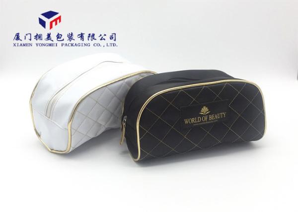 Round Corner Design Fabric Makeup Bag Black Zipper With Gold Leather Head