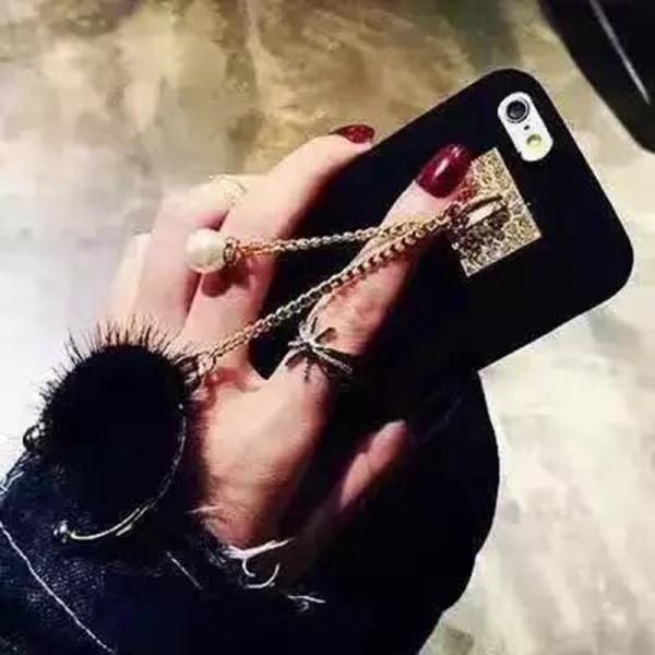 PU Drill Metal Buckle Pearl Small Hairball Chain Strap Cell Phone Case Cover for iPhone 7 6s Plus
