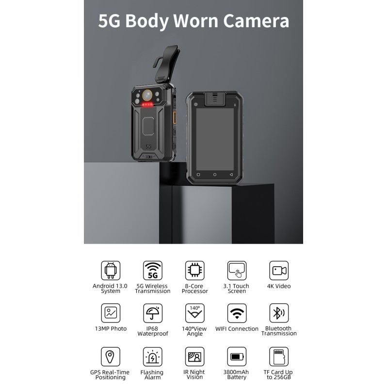 Mini 5G Body Worn Camera Android 13.0 System 4K HD Video 3.1'' Touch Screen IP68 Waterproof Security Camera with Wifi GPS BT