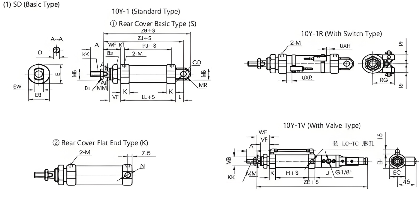 10Y-1 mini Stainless steel air cylinder with valve and switch design 10bar