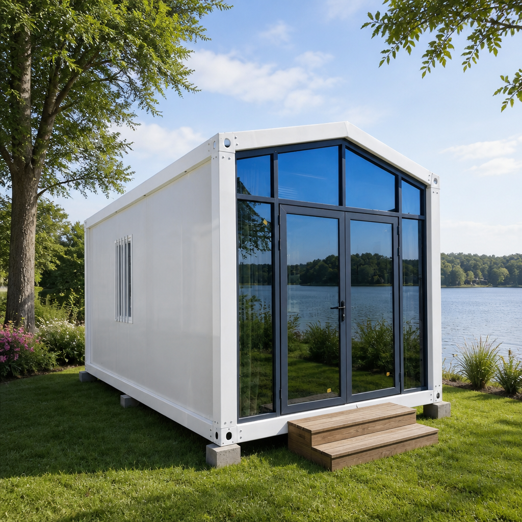 20 FT Triangular Roof Container With A Front Blue Glass Curtain Wall 