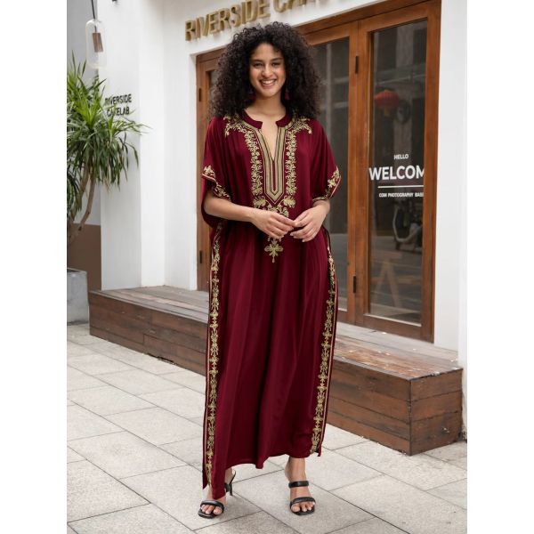 2026 Plus-Size Friendly Embroidered V-Neck Kaftan Maxi Dress with Lightweight Breathable Fabric for Beach Cover-Up and Vacation Wear