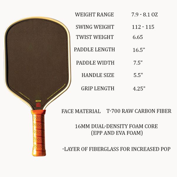 Bread and Butter Loco Pickleball Paddle 16mm Dual-Density Foam Core Hybrid Elongated CFC T700 Raw Carbon Fiber Pickleball Paddle