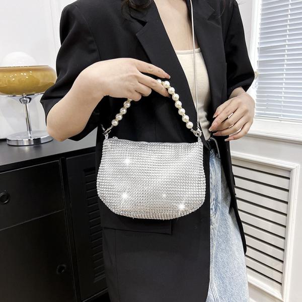 New pearl handle imitation full diamond handbag shoulder bag Cross-border explosive party dinner bag fashion shoulder