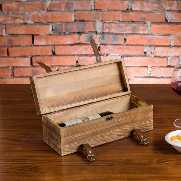 Embossing Wooden Wine Box Leatherette Straps Handmade Wooden Wine Glass Box