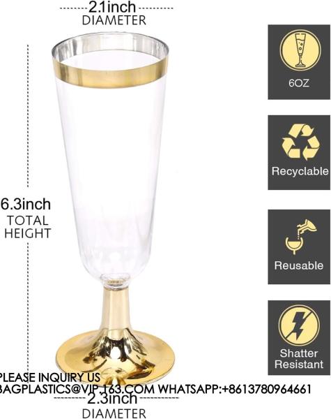 Gold Rim Plastic Champagne Glasses Perfect For Wedding, Thanksgiving Day, Christmas Champagne Flutes Disposable