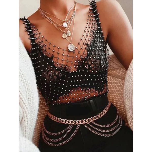 Party-Ready Rhinestone Mesh Crop Top - Fishnet Design (Silver / Black)