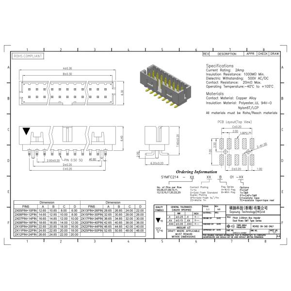 соединитель 2AMP 2*5-2*25Pin заголовка соединителя SMT заголовка коробки 2.00mm