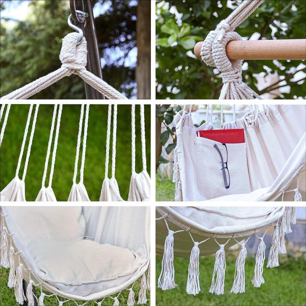 Hammock Chair Hanging Rope Swing - Max 500 Lbs - 2 Cushions Included - Steel Spreader Bar with Anti-Slip Rings
